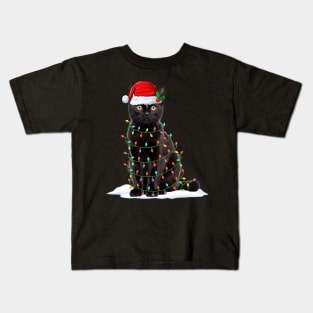 Black Cat Christmas Lights Funny Cat Xmas Lover Kids T-Shirt